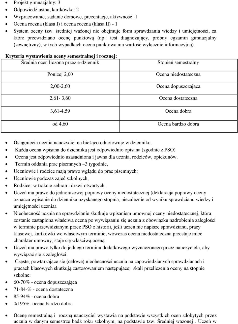 : test diagnozujący, próbny egzamin gimnazjalny (zewnętrzny), w tych wypadkach ocena punktowa ma wartość wyłącznie informacyjną).