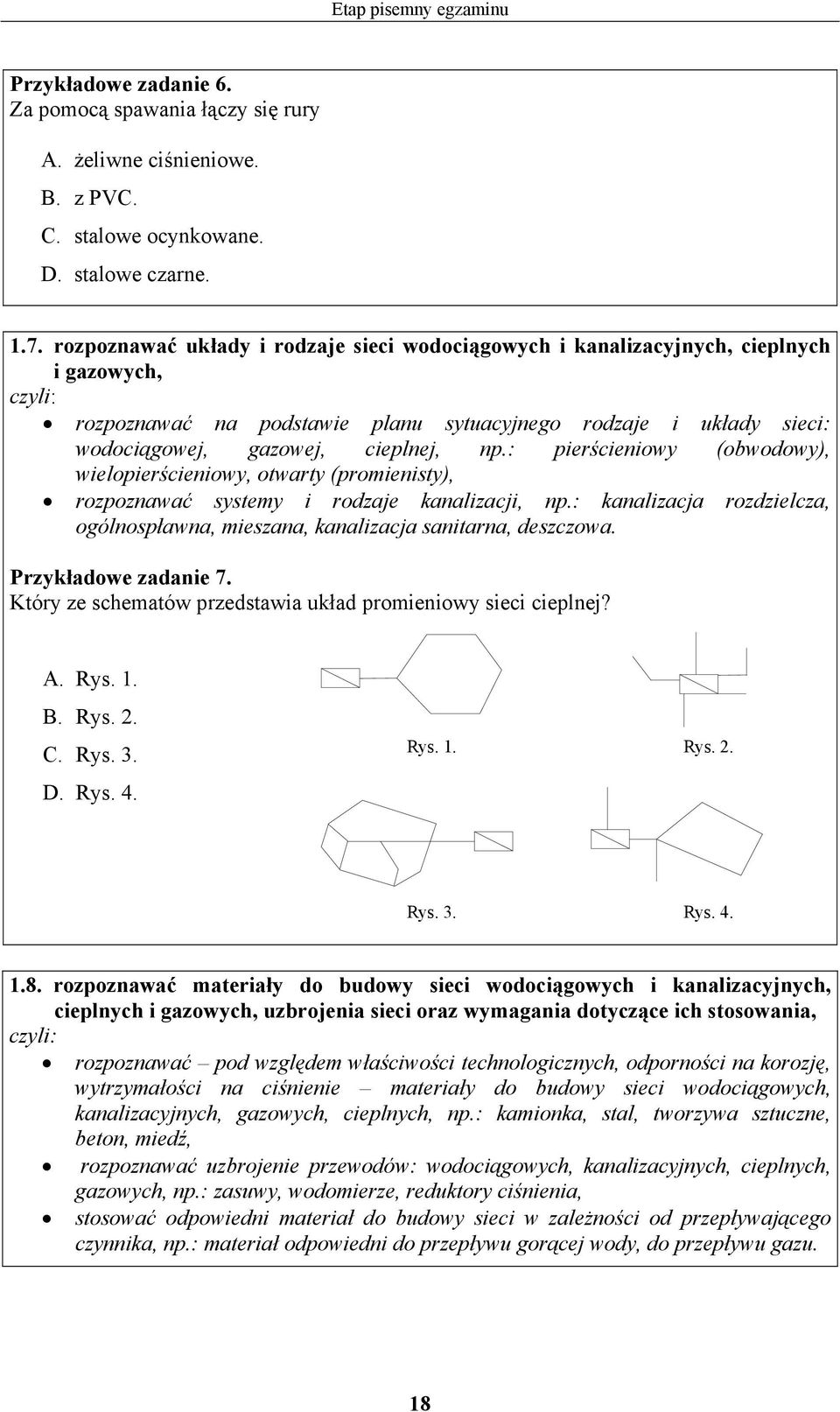 : pierścieniowy (obwodowy), wielopierścieniowy, otwarty (promienisty), rozpoznawać systemy i rodzaje kanalizacji, np.