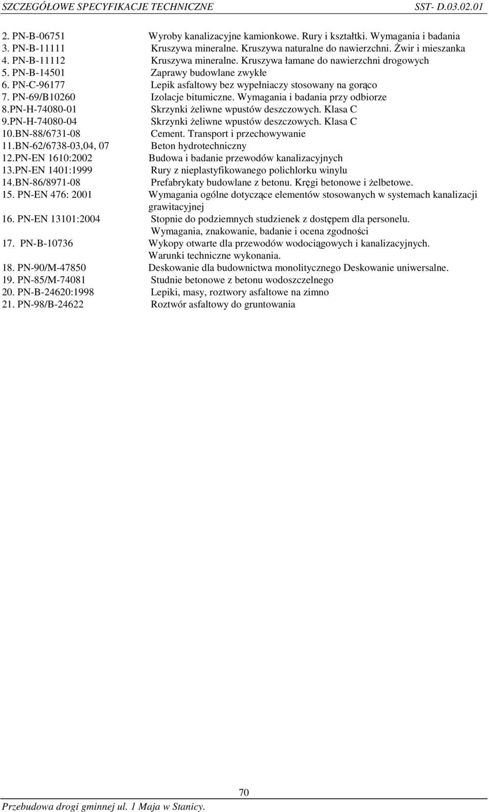 PN-C-96177 Lepik asfaltowy bez wypełniaczy stosowany na gorąco 7. PN-69/B10260 Izolacje bitumiczne. Wymagania i badania przy odbiorze 8.PN-H-74080-01 Skrzynki żeliwne wpustów deszczowych. Klasa C 9.