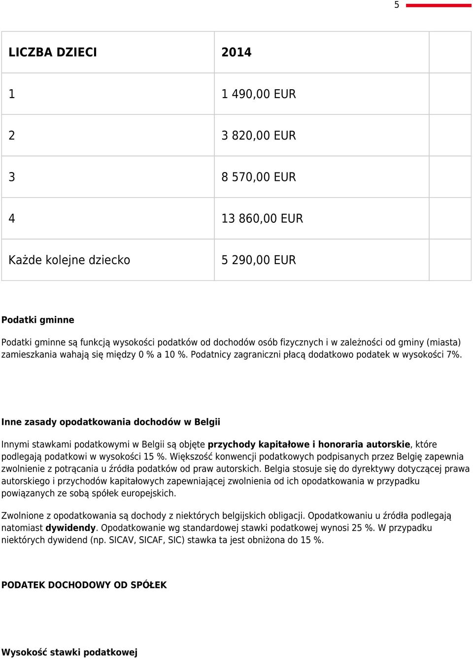 Inne zasady opodatkowania dochodów w Belgii Innymi stawkami podatkowymi w Belgii są objęte przychody kapitałowe i honoraria autorskie, które podlegają podatkowi w wysokości 15 %.