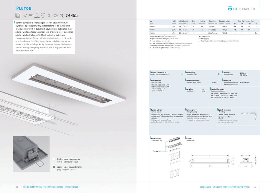 Emergency lighting fittings with the protection level ip20, made of polycarbonate (pc). They are designed to lighten evacuation routes in public buildings.