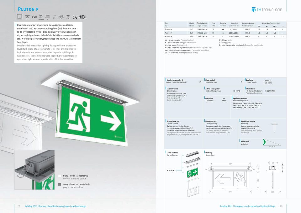 W trakcie pracy awaryjnej działają one ze 100% strumieniem świetlnym. Double-sided evacuation lighting fittings with the protection level ip20, made of polycarbonate (pc).