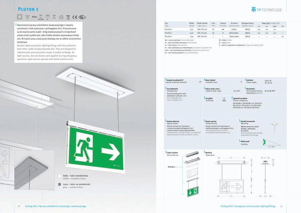 W trakcie pracy awaryjnej działają one ze 100% strumieniem świetlnym. Double-sided evacuation lighting fittings with the protection level ip20, made of polycarbonate (pc).