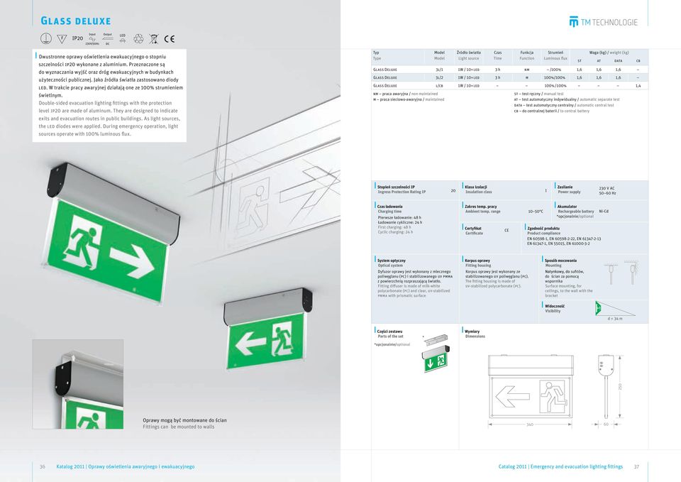 W trakcie pracy awaryjnej działają one ze 100% strumieniem świetlnym. Double-sided evacuation lighting fittings with the protection level ip20 are made of aluminum.