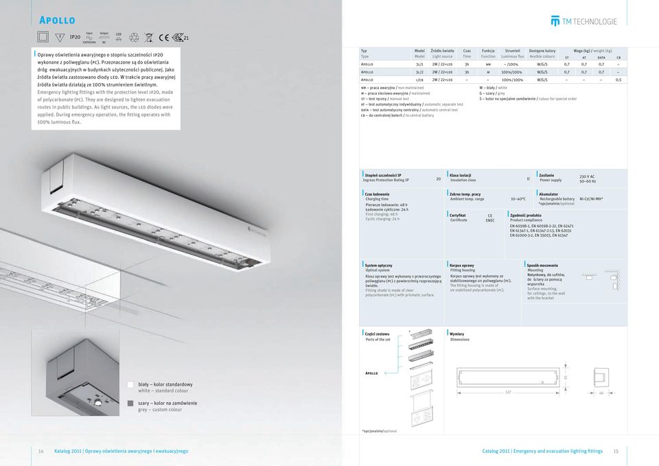 Emergency lighting fittings with the protection level ip20, made of polycarbonate (pc). They are designed to lighten evacuation routes in public buildings.