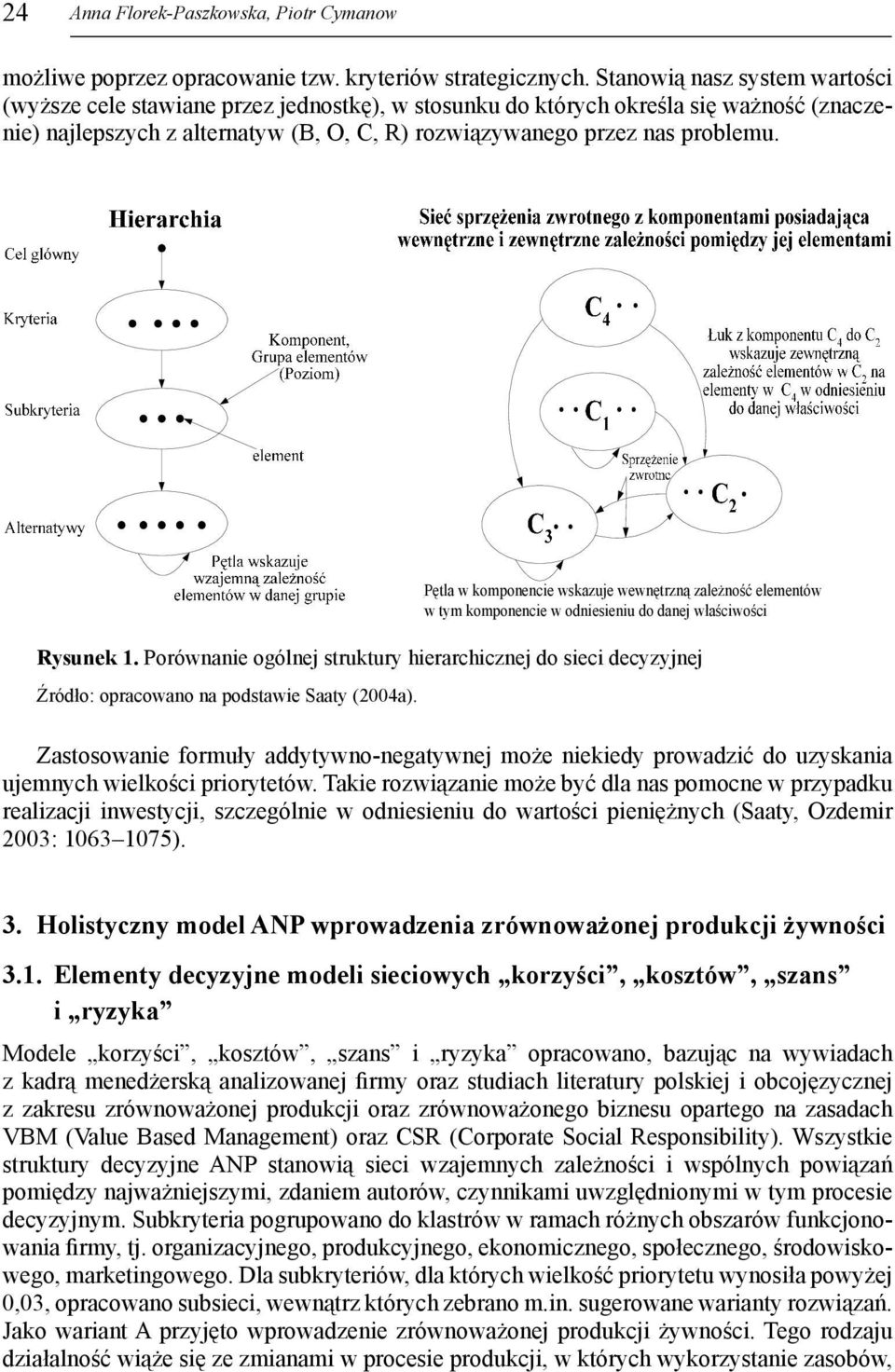 Rysunek 1. Porównanie ogólnej struktury hierarchicznej do sieci decyzyjnej Źródło: opracowano na podstawie Saaty (2004a).