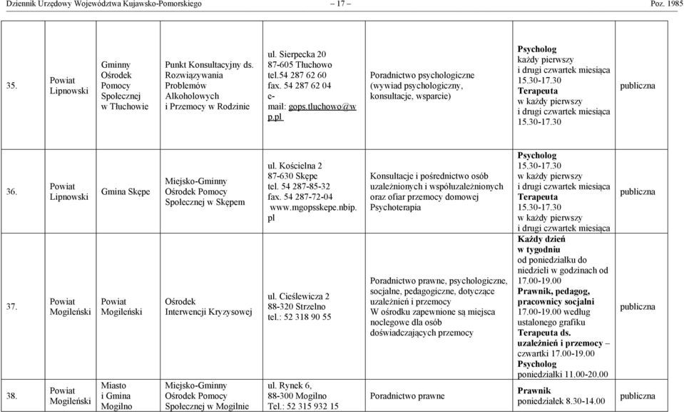 pl Poradnictwo psychologiczne (wywiad psychologiczny, konsultacje, wsparcie) każdy pierwszy i drugi czwartek miesiąca 15.30-17.30 w każdy pierwszy i drugi czwartek miesiąca 15.30-17.30 36. 37. 38.