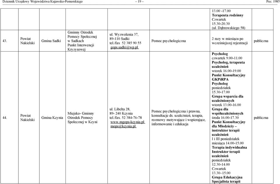 pl Pomoc psychologiczna Pomoc psychologiczna i prawna, konsultacje ds. uzależnień, terapia, rozmowy motywujące i wspierające, informowanie i edukacja 13.00-17.00 rodzinny Czwartek 15.30-20.30 (ul.