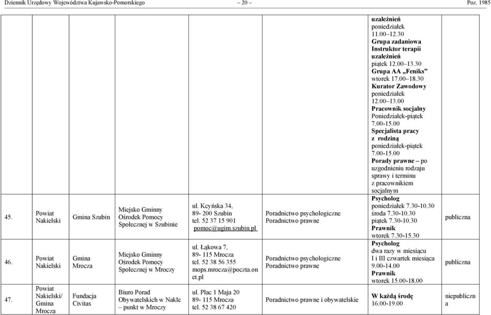 Kcyńska 34, 89-200 Szubin tel. 52 37 15 901 pomoc@ugim.szubin.pl ul. Łąkowa 7, 89-115 Mrocza tel. 52 38 56 355 mops.mrocza@poczta.on et.pl ul. Plac 1 Maja 20 89-115 Mrocza tel.