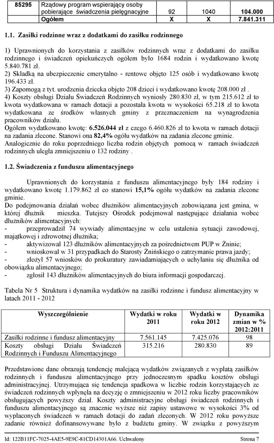 1684 rodzin i wydatkowano kwotę 5.84.781zł. 2) Składką na ubezpieczenie emerytalno rentowe objęto 125 osób i wydatkowano kwotę 196.433zł. 3)Zapomogąztyt.