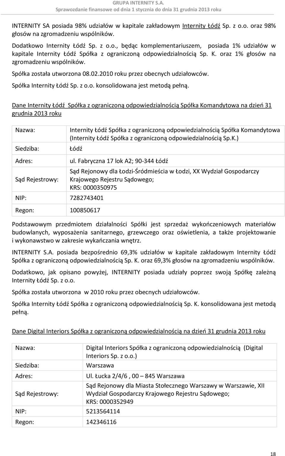 Dane Internity Łódź Spółka z ograniczoną odpowiedzialnością Spółka Komandytowa na dzień 31 grudnia 2013 roku Nazwa: Siedziba: Internity Łódź Spółka z ograniczoną odpowiedzialnością Spółka Komandytowa