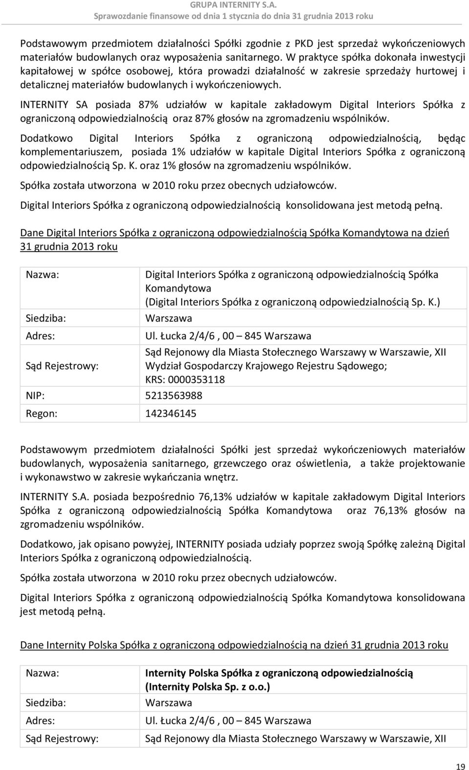 INTERNITY SA posiada 87% udziałów w kapitale zakładowym Digital Interiors Spółka z ograniczoną odpowiedzialnością oraz 87% głosów na zgromadzeniu wspólników.