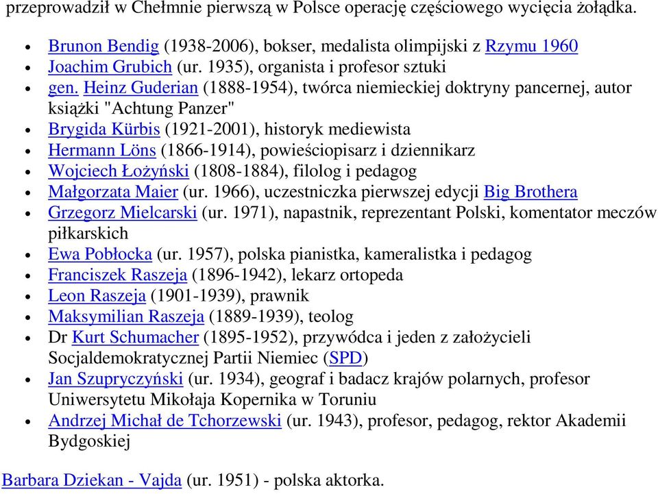 Heinz Guderian (1888-1954), twórca niemieckiej doktryny pancernej, autor książki "Achtung Panzer" Brygida Kürbis (1921-2001), historyk mediewista Hermann Löns (1866-1914), powieściopisarz i