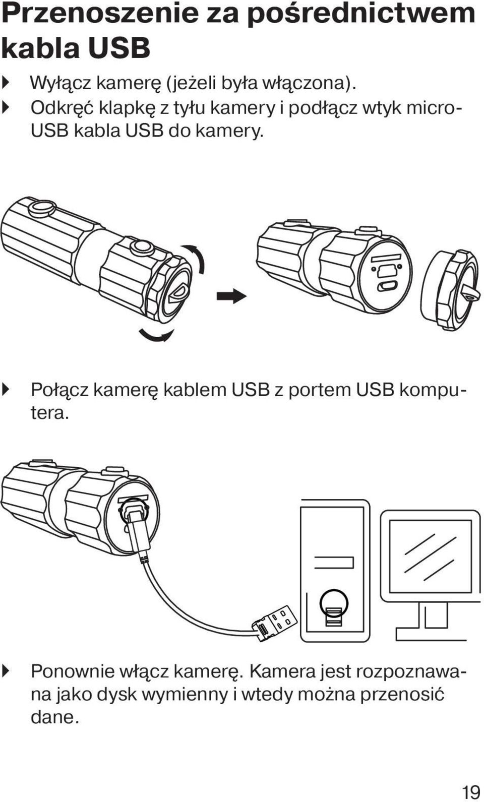 Odkręć klapkę z tyłu kamery i podłącz wtyk micro- USB kabla USB do kamery.