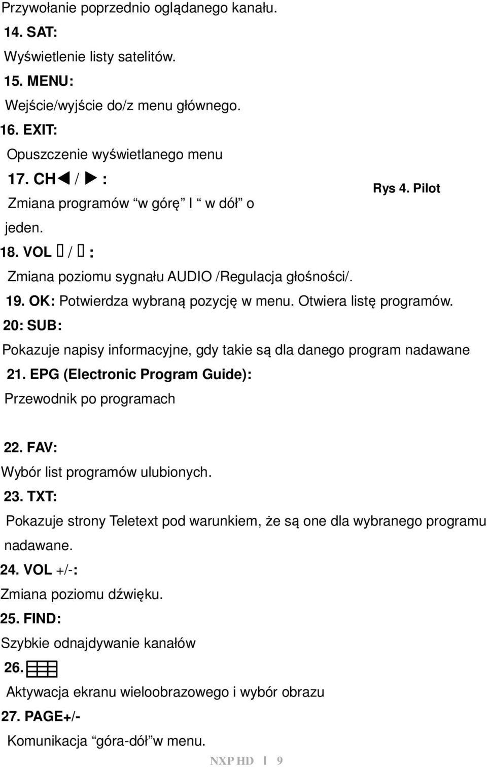 20: SUB: Pokazuje napisy informacyjne, gdy takie są dla danego program nadawane 21. EPG (Electronic Program Guide): Przewodnik po programach 22. FAV: Wybór list programów ulubionych. 23.