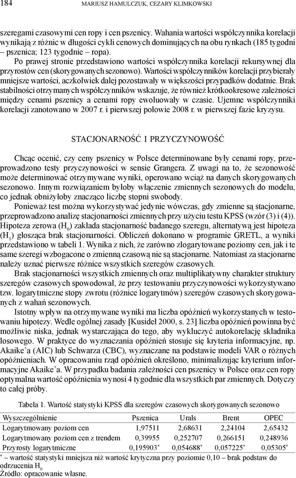 Po prawe sronie przedsawiono warości współczynnika korelaci rekursywne dla przyrosów cen (skorygowanych sezonowo).