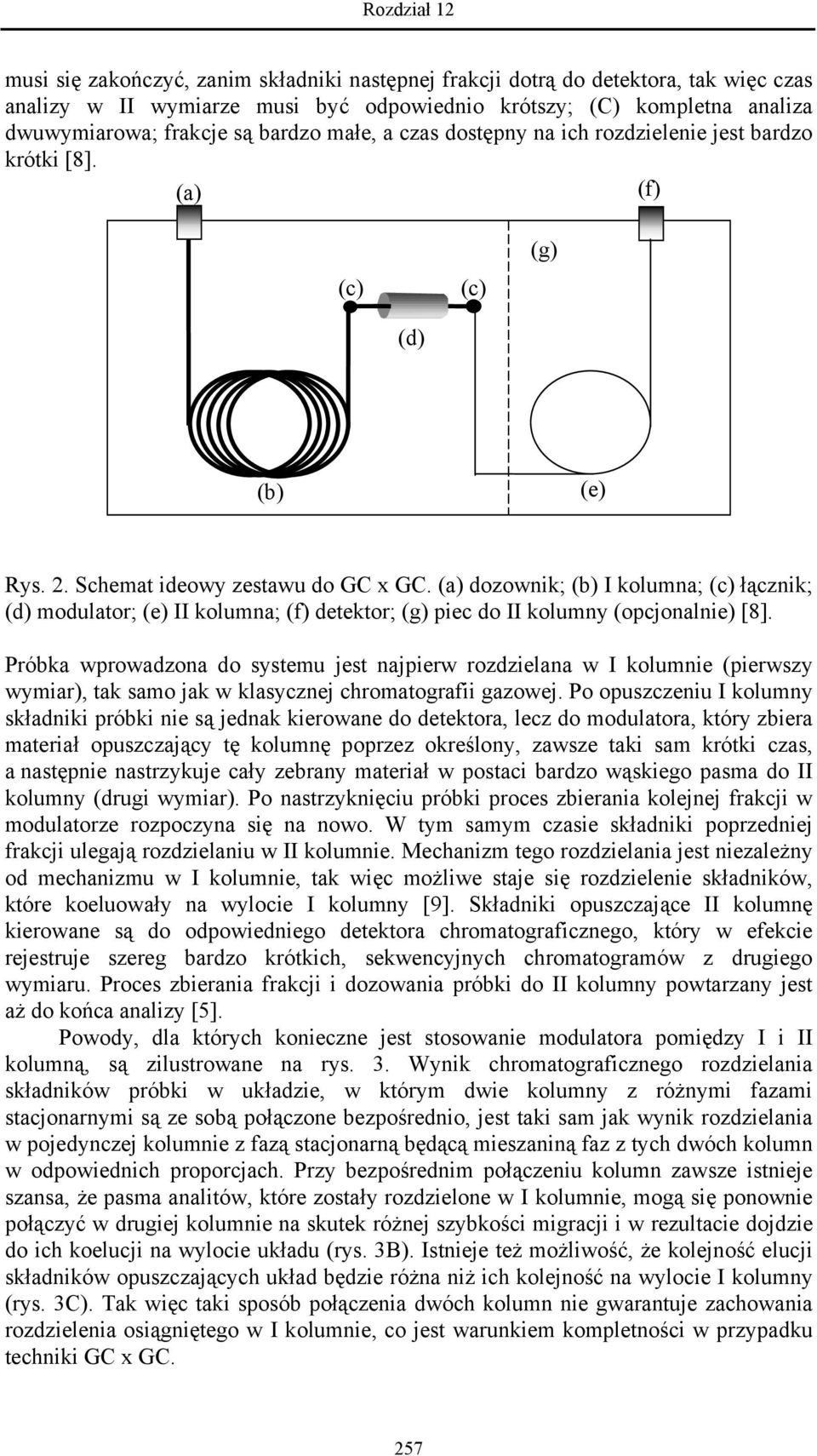 (a) dozownik; (b) I kolumna; (c) łącznik; (d) modulator; (e) II kolumna; (f) detektor; (g) piec do II kolumny (opcjonalnie) [8].