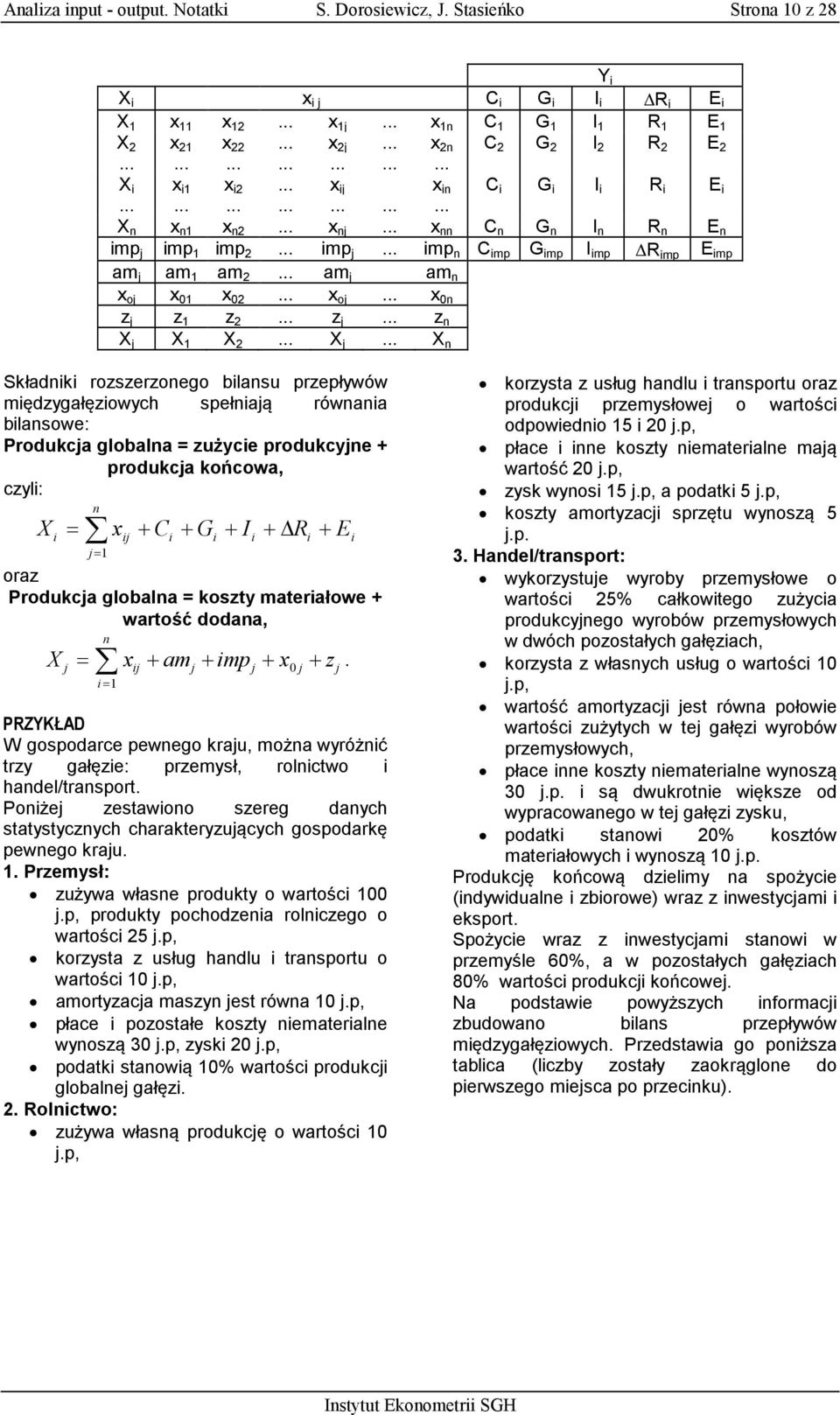 czyl: x + C + G + I + R + E oraz Produkca globala koszty materałowe + wartość dodaa x + am + mp + x + z 0 W gospodarce pewego krau moża wyróżć trzy gałęze: przemysł rolctwo hadel/trasport Poże