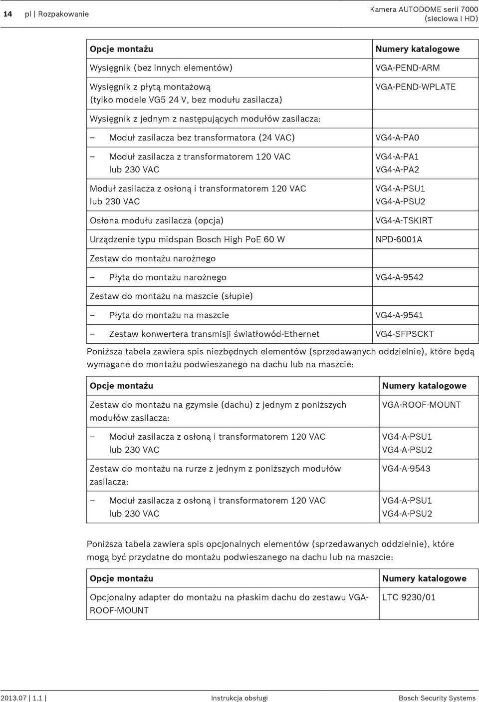 osłoną i transformatorem 120 VAC lub 230 VAC Osłona modułu zasilacza (opcja) Urządzenie typu midspan Bosch High PoE 60 W VG4-A-PA1 VG4-A-PA2 VG4-A-PSU1 VG4-A-PSU2 VG4-A-TSKIRT NPD-6001A Zestaw do