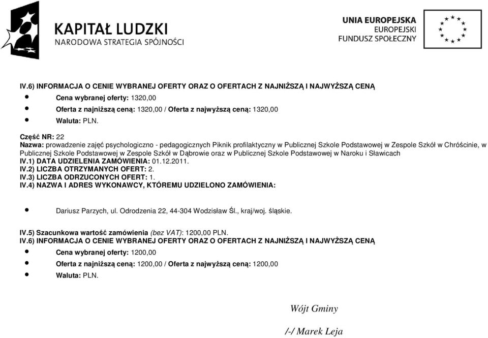 oraz w Publicznej Szkole Podstawowej w Naroku i Sławicach Dariusz Parzych, ul. Odrodzenia 22, 44-304 Wodzisław Śl., kraj/woj. śląskie. IV.