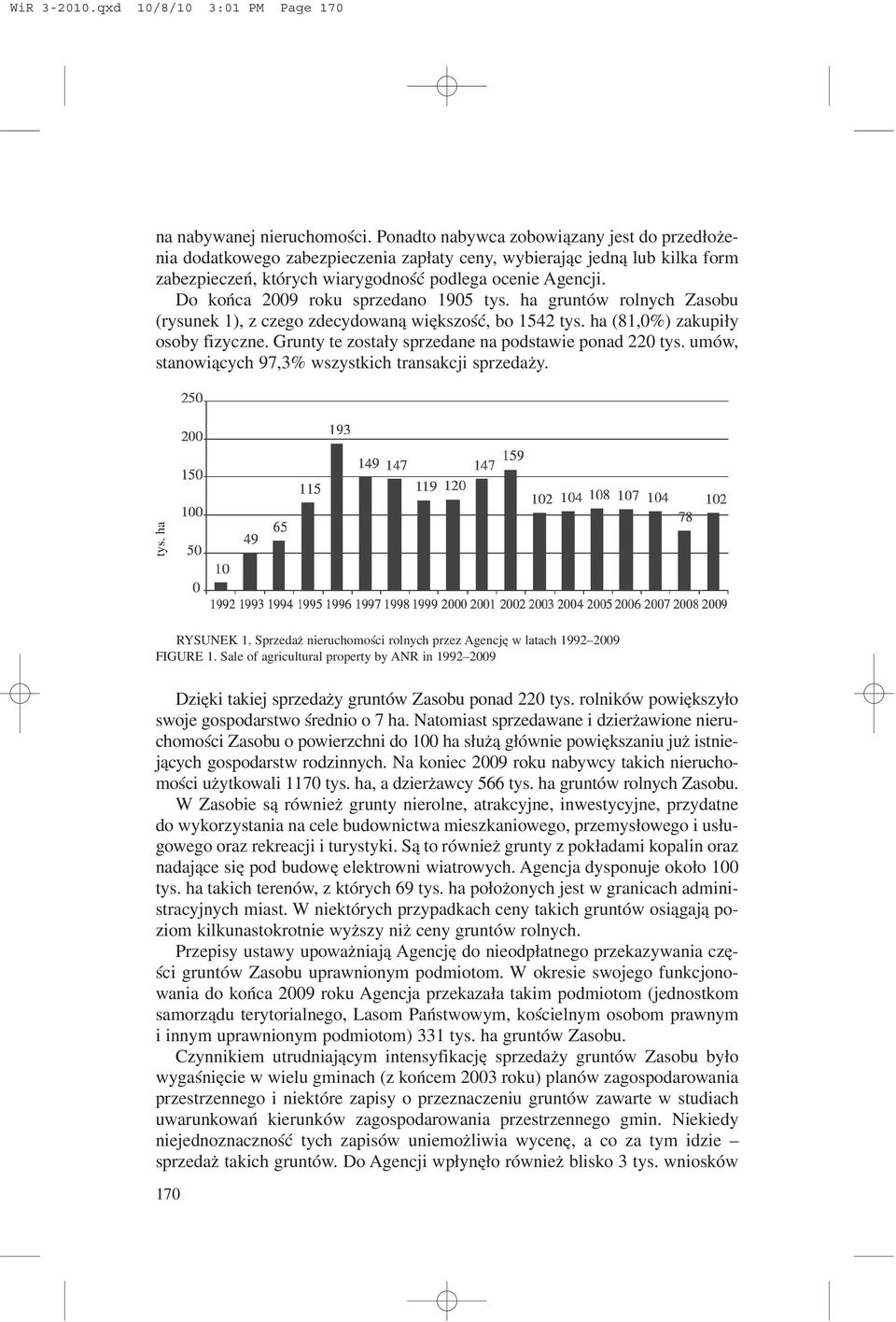 Do koñca 2009 roku sprzedano 1905 tys. ha gruntów rolnych Zasobu (rysunek 1), z czego zdecydowan¹ wiêkszoœæ, bo 1542 tys. ha (81,0%) zakupi³y osoby fizyczne.