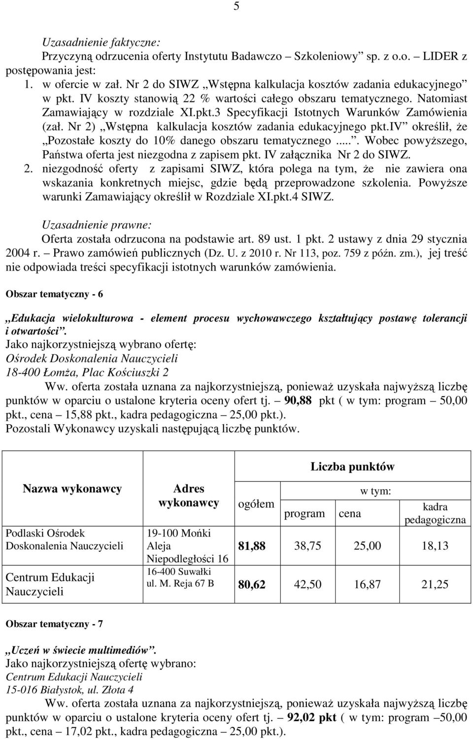 Nr 2) Wstępna kalkulacja kosztów zadania edukacyjnego pkt.iv określił, że Pozostałe koszty do 10% danego obszaru tematycznego.... Wobec powyższego, Państwa oferta jest niezgodna z zapisem pkt.