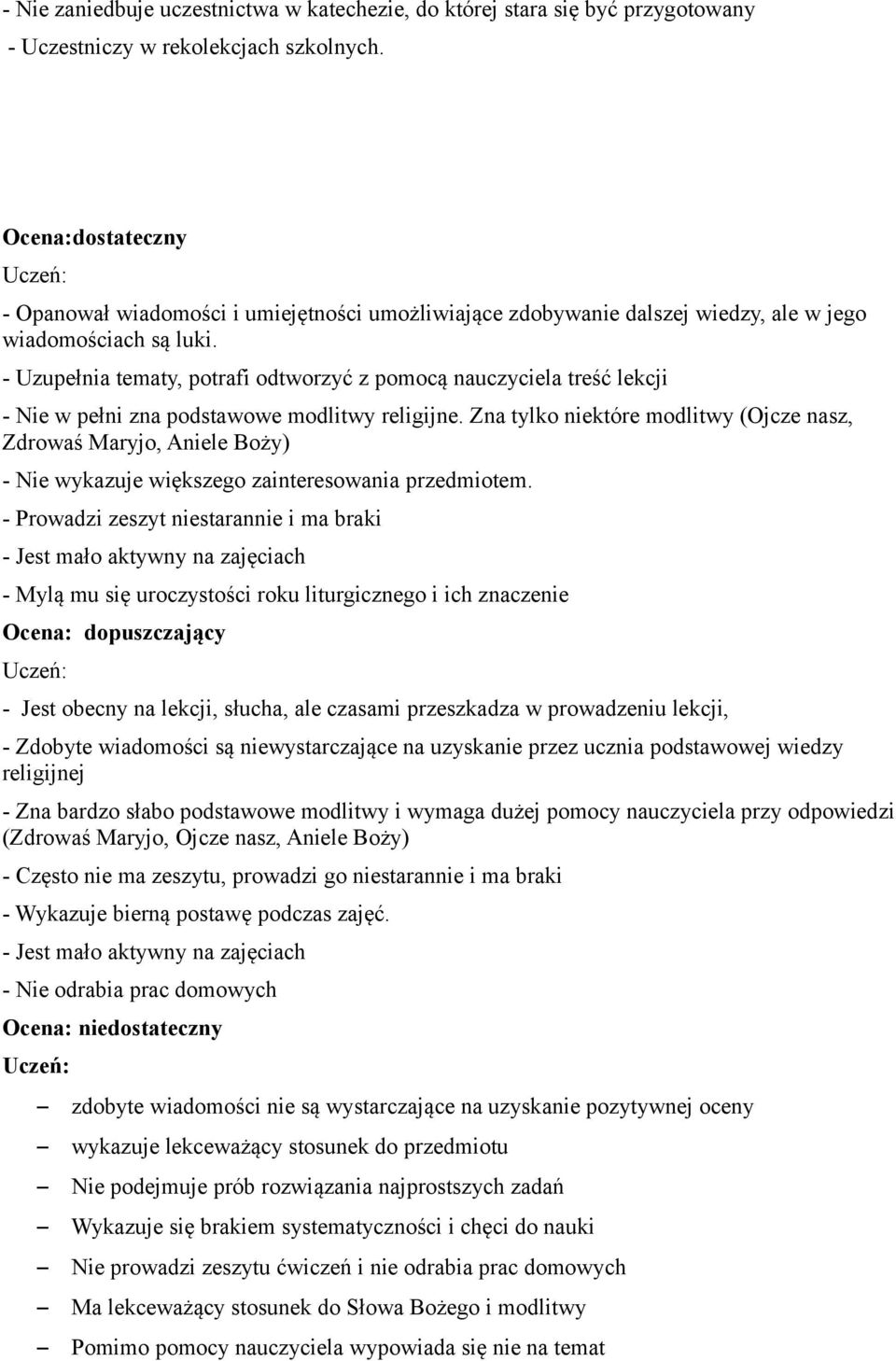 - Uzupełnia tematy, potrafi odtworzyć z pomocą nauczyciela treść lekcji - Nie w pełni zna podstawowe modlitwy religijne.