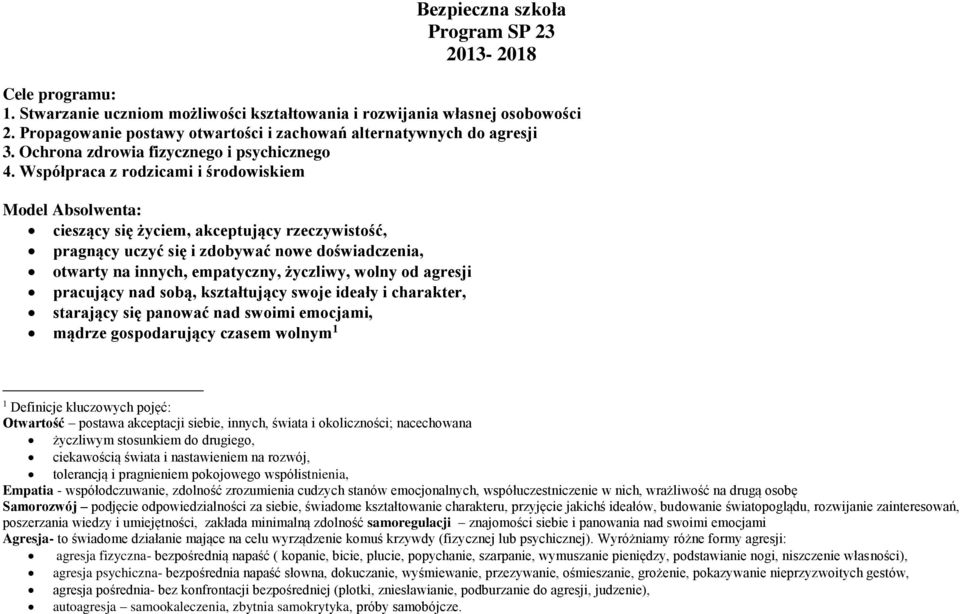 Współpraca z rodzicami i środowiskiem Model Absolwenta: cieszący się życiem, akceptujący rzeczywistość, pragnący uczyć się i zdobywać nowe doświadczenia, otwarty na innych, empatyczny, życzliwy,