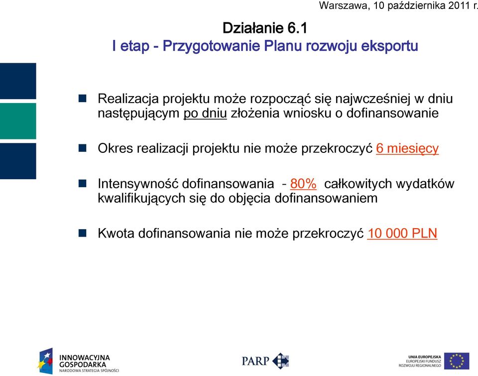 projektu nie może przekroczyć 6 miesięcy Intensywność dofinansowania - 80% całkowitych