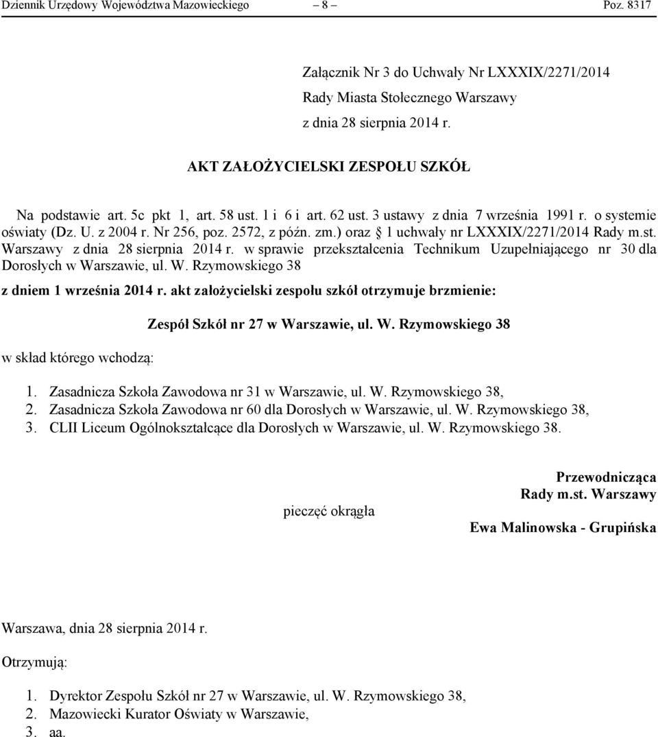 ) oraz 1 uchwały nr LXXXIX/2271/2014 Rady m.st. Warszawy z dnia 28 sierpnia 2014 r. w sprawie przekształcenia Technikum Uzupełniającego nr 30 dla Dorosłych w Warszawie, ul. W. Rzymowskiego 38 z dniem 1 września 2014 r.