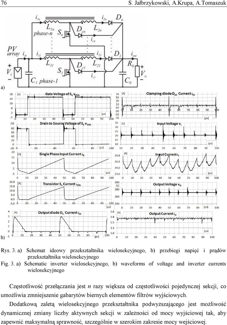 a) Schematic inverter wielosekcyjnego, b) waveforms of voltage and inverter currents wielosekcyjnego Częstotliwość przełączania jest n razy większa od częstotliwości