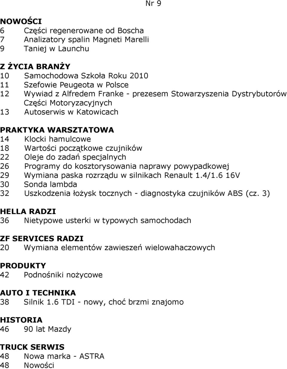 kosztorysowania naprawy powypadkowej 29 Wymiana paska rozrządu w silnikach Renault 1.4/1.6 16V 30 Sonda lambda 32 Uszkodzenia łoŝysk tocznych - diagnostyka czujników ABS (cz.