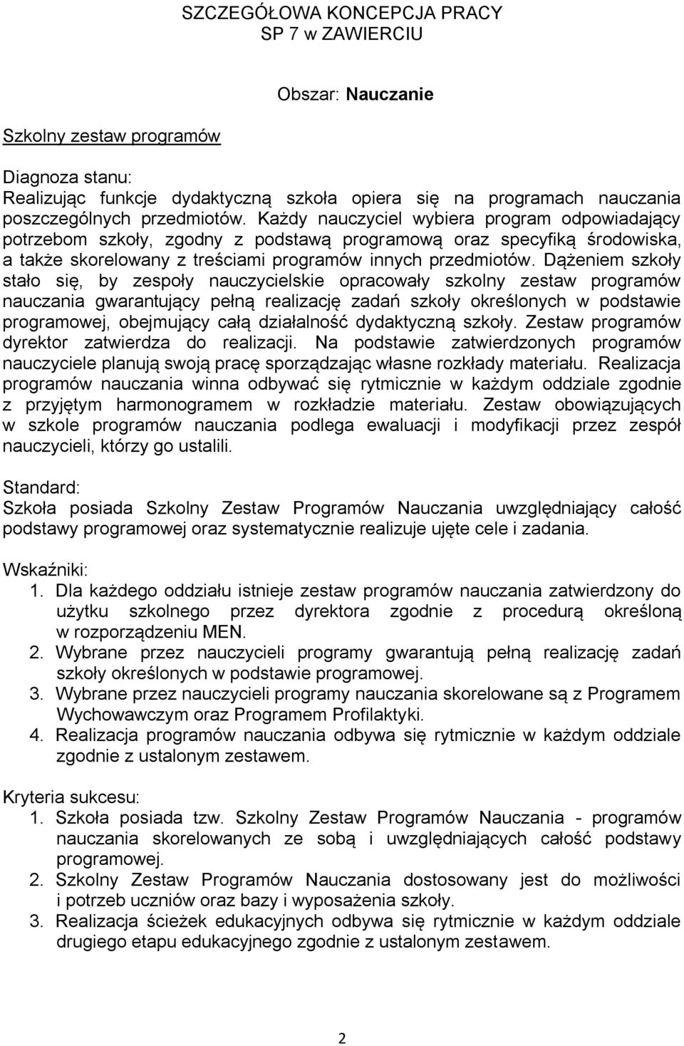 Dążeniem szkoły stało się, by zespoły nauczycielskie opracowały szkolny zestaw programów nauczania gwarantujący pełną realizację zadań szkoły określonych w podstawie programowej, obejmujący całą