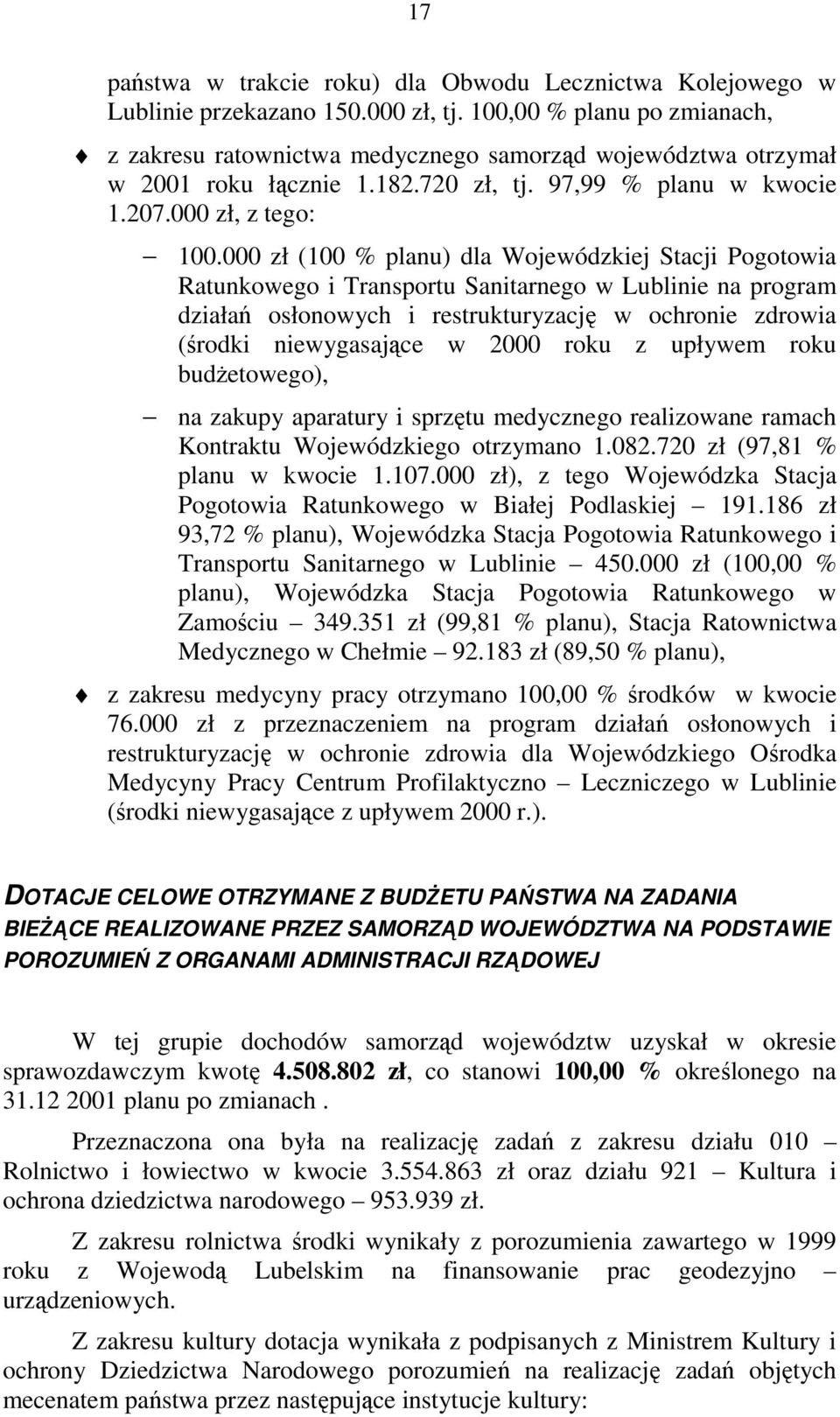 000 zł (100 % planu) dla Wojewódzkiej Stacji Pogotowia Ratunkowego i Transportu Sanitarnego w Lublinie na program działań osłonowych i restrukturyzację w ochronie zdrowia (środki niewygasające w 2000