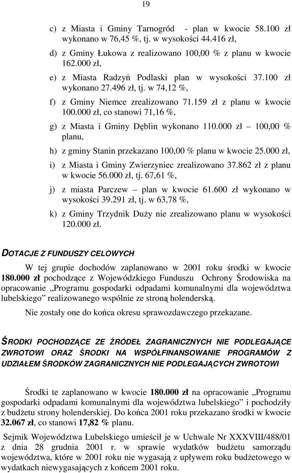 000 zł, co stanowi 71,16 %, g) z Miasta i Gminy Dęblin wykonano 110.000 zł 100,00 % planu, h) z gminy Stanin przekazano 100,00 % planu w kwocie 25.