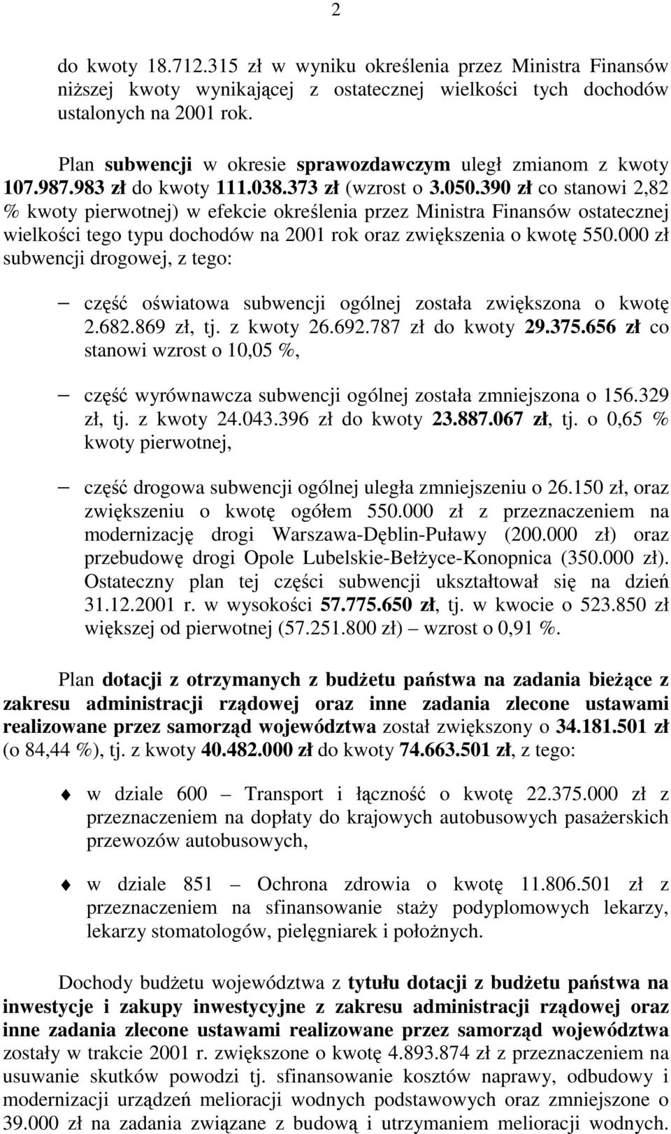 390 zł co stanowi 2,82 % kwoty pierwotnej) w efekcie określenia przez Ministra Finansów ostatecznej wielkości tego typu dochodów na 2001 rok oraz zwiększenia o kwotę 550.
