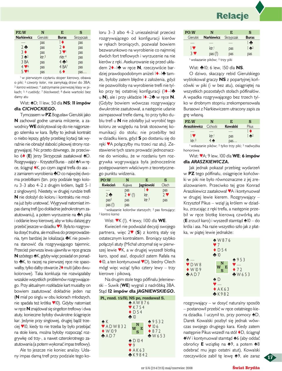klasy w pikach; 5, 6 cuebidy; 7 blackwood; 8 dwie wartoêci bez damy atu Wist: D; 11 lew, 50 dla S; 11 impów dla CICHOCKIEGO.