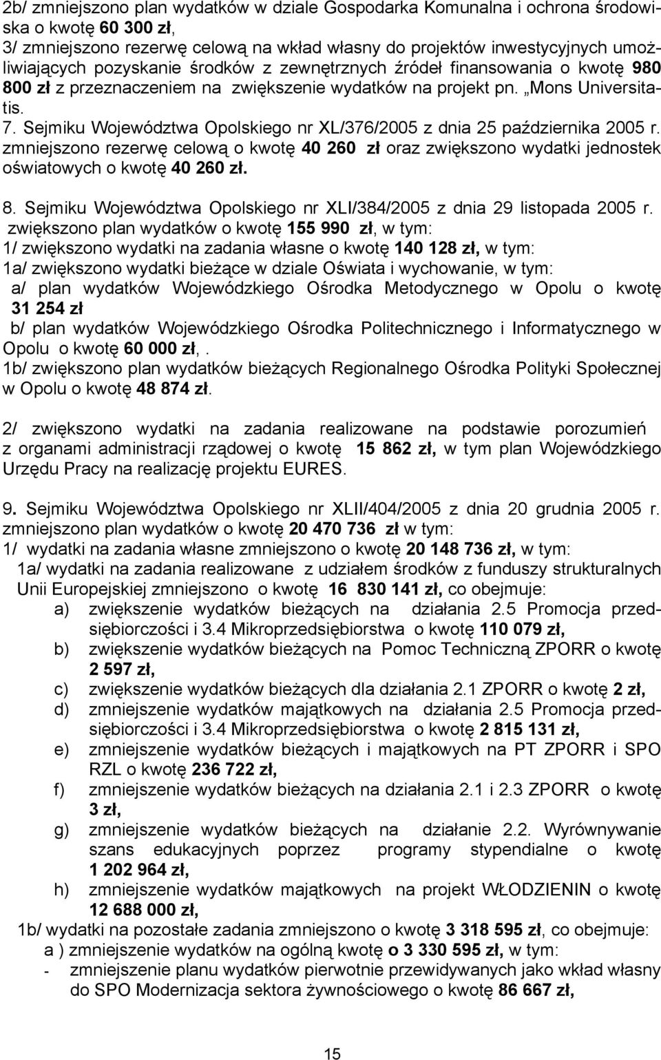 Sejmiku Województwa Opolskiego nr XL/376/2005 z dnia 25 października 2005 r. zmniejszono rezerwę celową o kwotę 40 260 zł oraz zwiększono wydatki jednostek oświatowych o kwotę 40 260 zł. 8.