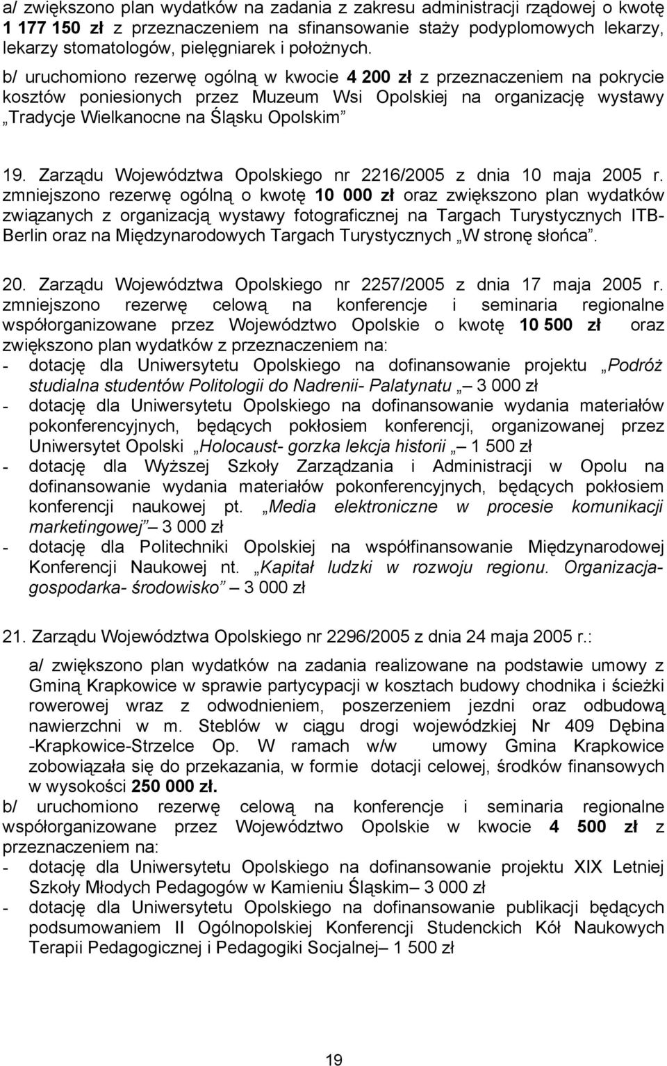 b/ uruchomiono rezerwę ogólną w kwocie 4 200 zł z przeznaczeniem na pokrycie kosztów poniesionych przez Muzeum Wsi Opolskiej na organizację wystawy Tradycje Wielkanocne na Śląsku Opolskim 19.