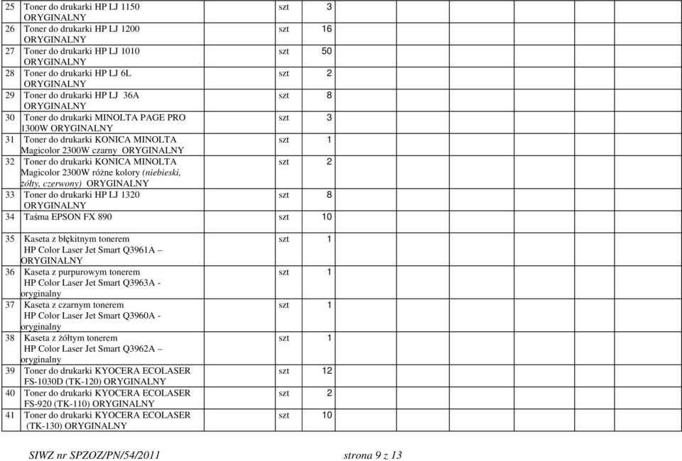 drukarki HP LJ 1320 szt 8 34 Taśma EPSON FX 890 0 35 Kaseta z błękitnym tonerem HP Color Laser Jet Smart Q3961A 36 Kaseta z purpurowym tonerem HP Color Laser Jet Smart Q3963A - oryginalny 37 Kaseta z