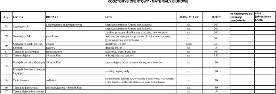 Skoroszyty A4 plastikowe wpinane do segregatora, przednia okładka przezroczysta, tylna kolorowa, mix kolorów szt. 500 60. Spinacze w opak. 100 szt. owalne metalowe, 33 mm opak.