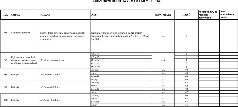 dziurkuje jednorazowo do 65 kartek, odstęp między dziurkami 80 mm, miarka do formatów A4, F, Q1, Q2, A5, A6, 888 szt.