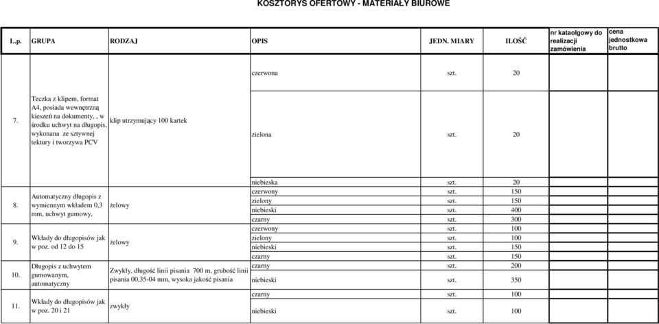 Automatyczny długopis z wymiennym wkładem 0,3 mm, uchwyt gumowy, Wkłady do długopisów jak w poz. od 12 do 15 Długopis z uchwytem gumowanym, automatyczny Wkłady do długopisów jak w poz.