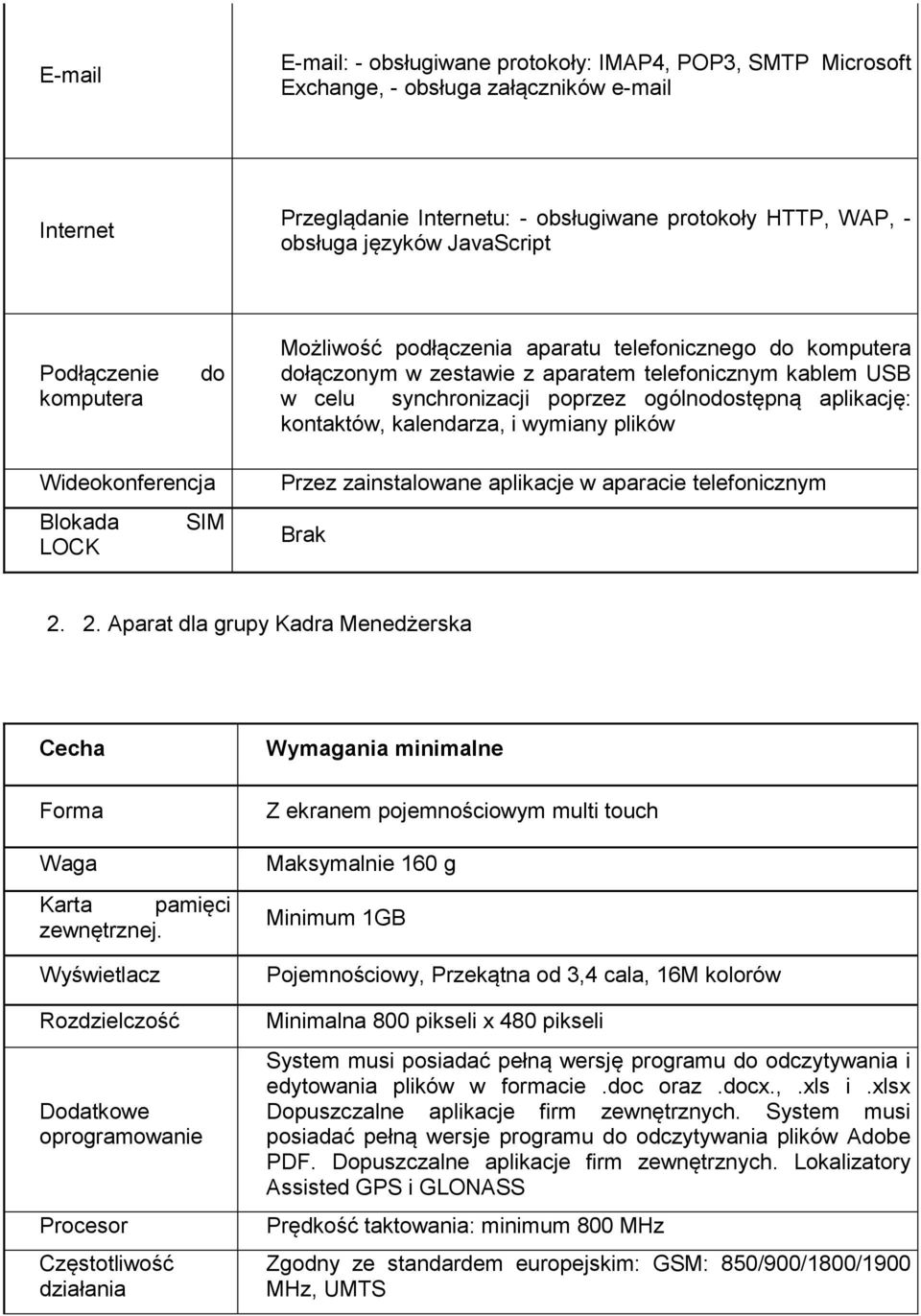 aplikację: kontaktów, kalendarza, i wymiany plików Wideokonferencja Blokada SIM LOCK Przez zainstalowane aplikacje w aparacie telefonicznym Brak 2.