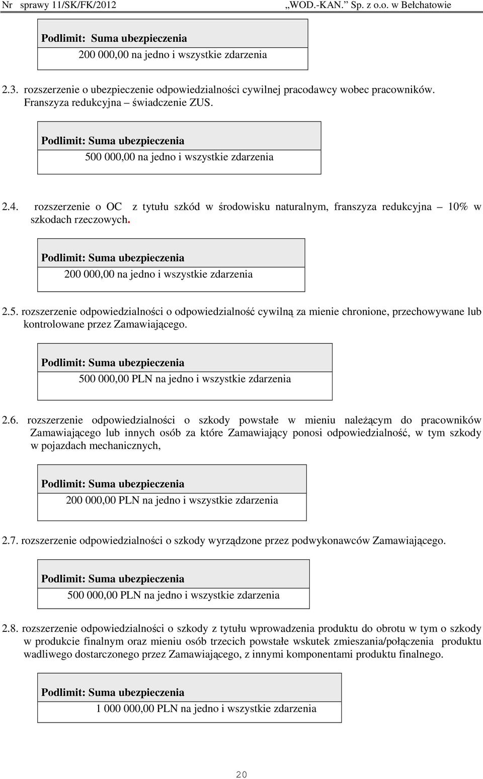 Podlimit: Suma ubezpieczenia 200 000,00 na jedno i wszystkie zdarzenia 2.5.