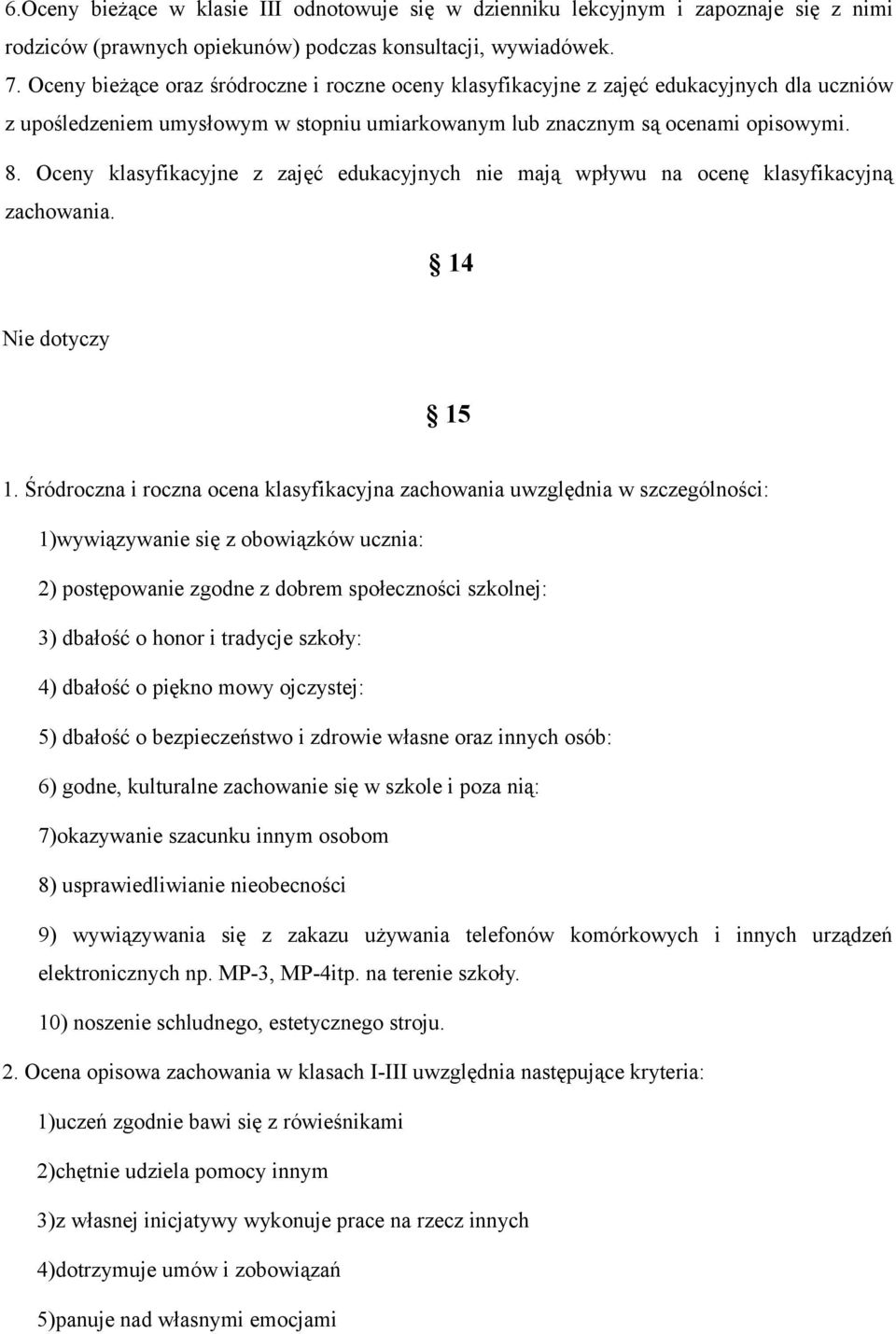 Oceny klasyfikacyjne z zajęć edukacyjnych nie mają wpływu na ocenę klasyfikacyjną zachowania. 14 Nie dotyczy 15 1.