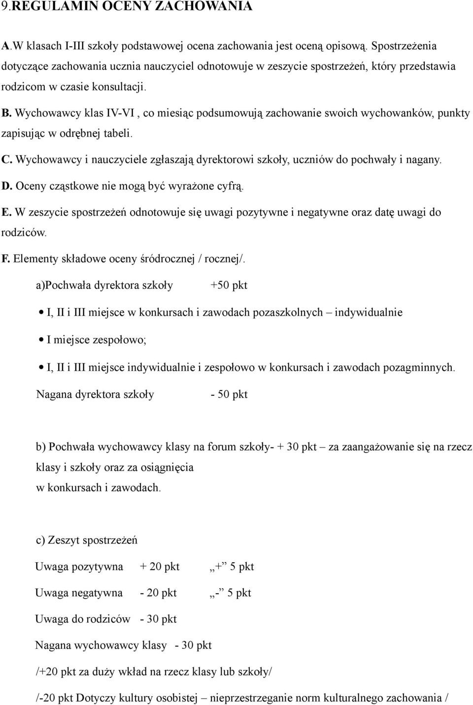 Wychowawcy klas IV-VI, co miesiąc podsumowują zachowanie swoich wychowanków, punkty zapisując w odrębnej tabeli. C. Wychowawcy i nauczyciele zgłaszają dyrektorowi szkoły, uczniów do pochwały i nagany.