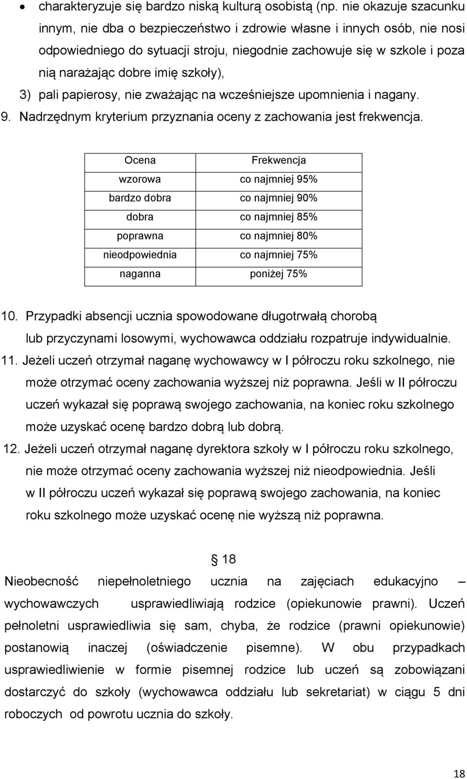 szkoły), 3) pali papierosy, nie zważając na wcześniejsze upomnienia i nagany. 9. Nadrzędnym kryterium przyznania oceny z zachowania jest frekwencja.