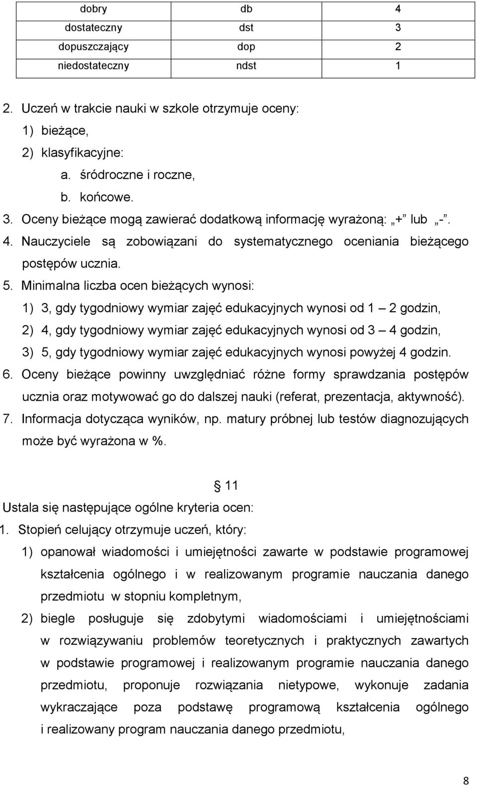 Minimalna liczba ocen bieżących wynosi: 1) 3, gdy tygodniowy wymiar zajęć edukacyjnych wynosi od 1 2 godzin, 2) 4, gdy tygodniowy wymiar zajęć edukacyjnych wynosi od 3 4 godzin, 3) 5, gdy tygodniowy