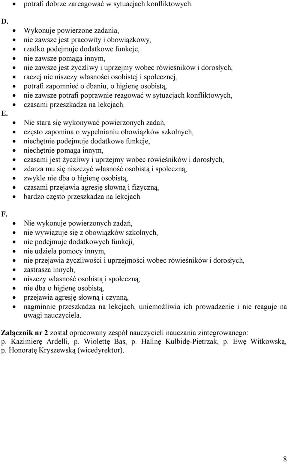 raczej nie niszczy własności osobistej i społecznej, potrafi zapomnieć o dbaniu, o higienę osobistą, nie zawsze potrafi poprawnie reagować w sytuacjach konfliktowych, czasami przeszkadza na lekcjach.